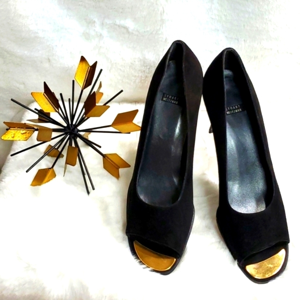 Stuart Weitzman Black Suede Peep-Toe Heels with Gold Toe Caps